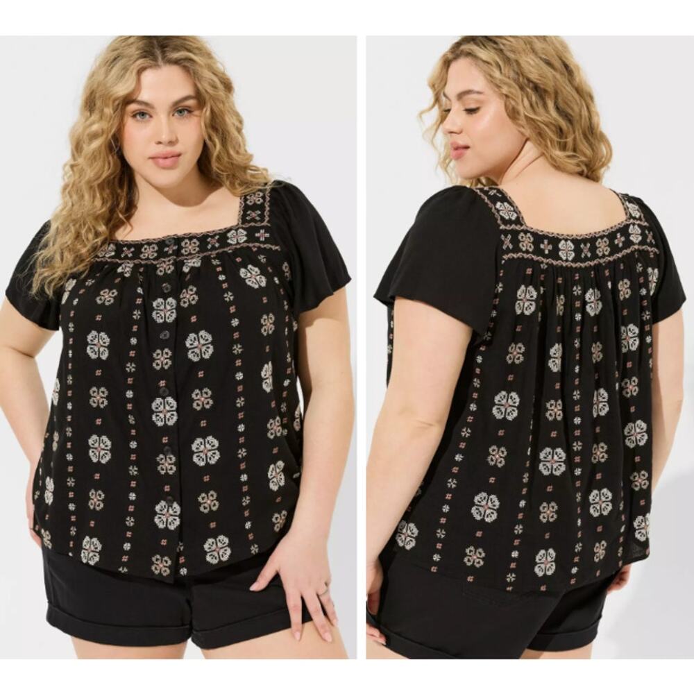 Torrid NEW Black Embroidered Linen Button-Front Flutter-Sleeve Peasant Top 1X